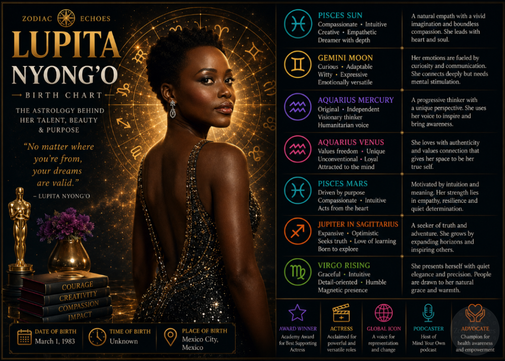 Lupita Nyong’o Birth Chart: The Astrology Behind Grace, Creativity, and Quiet Strength