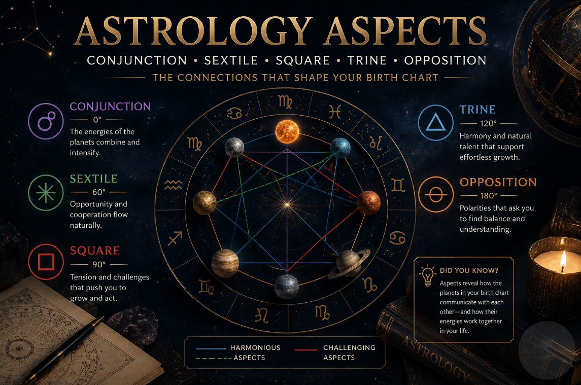Astrology Aspects Explained: Conjunction, Sextile, Square, Trine and Opposition