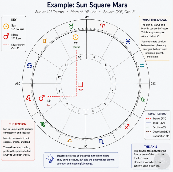 Sun at 12° Taurus and Mars at 14° Leo, with a clear 90° angle between them and the 2° orb identified.